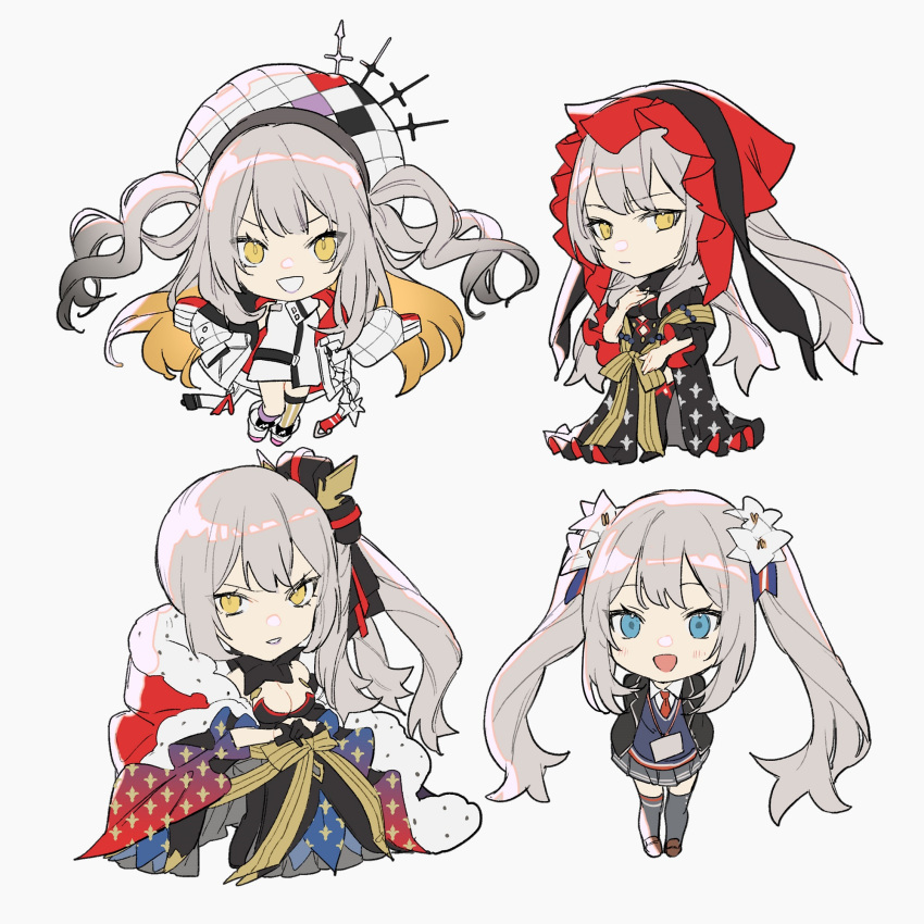 4girls, black_jacket, blue_eyes, chibi, fate/grand_order, fate_(series), flower, grey_hair, hair_flower, hair_ornament, highres, id_card, jacket, locked_arms, long_hair, marie_antoinette_(alter)_(fate), marie_antoinette_(alter)_(first_ascension)_(fate), marie_antoinette_(alter)_(third_ascension)_(fate), marie_antoinette_(fate), multiple_girls, multiple_persona, necktie, no-kan, pleated_skirt, red_necktie, school_uniform, shirt, signature, skirt, twintails, white_background, white_shirt, yellow_eyes