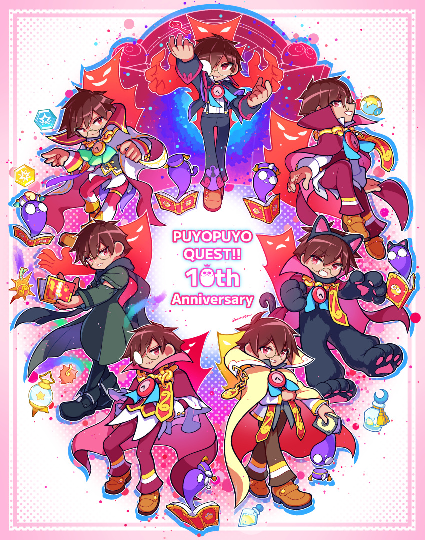 6+boys, :d, absurdres, animal_costume, animal_ears, animal_hands, anniversary, arm_at_side