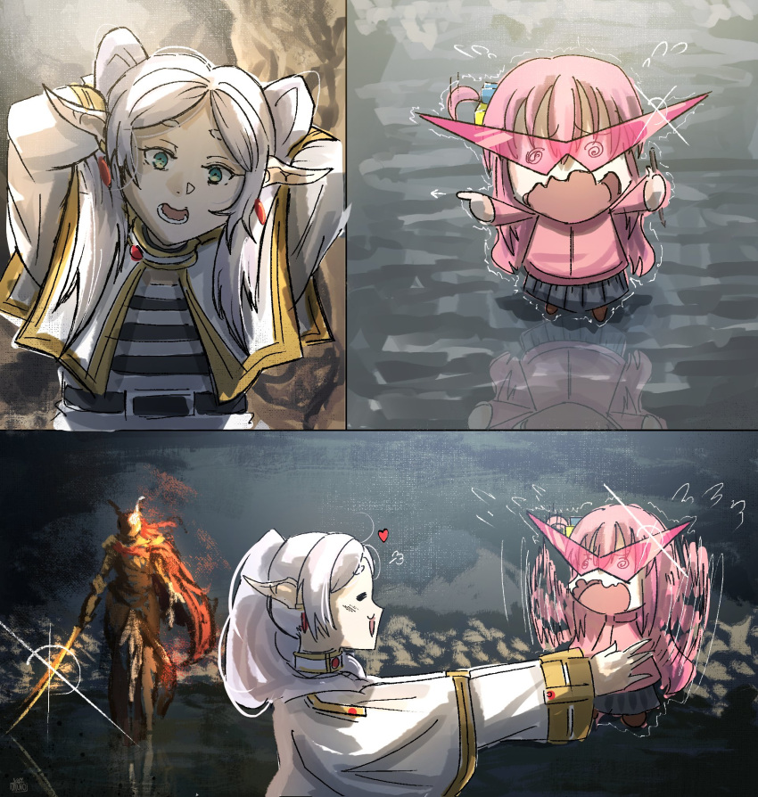 3girls, amputee, armor, bocchi_the_rock!, cape, capelet, chainsaw_man, covered_eyes