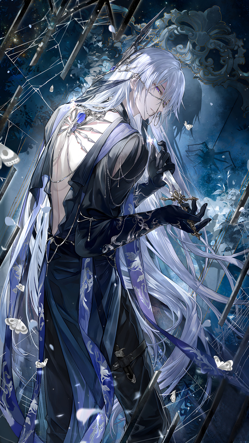 1boy, absurdres, backless_outfit, black_gloves, black_pants, black_robe, black_veil, bug