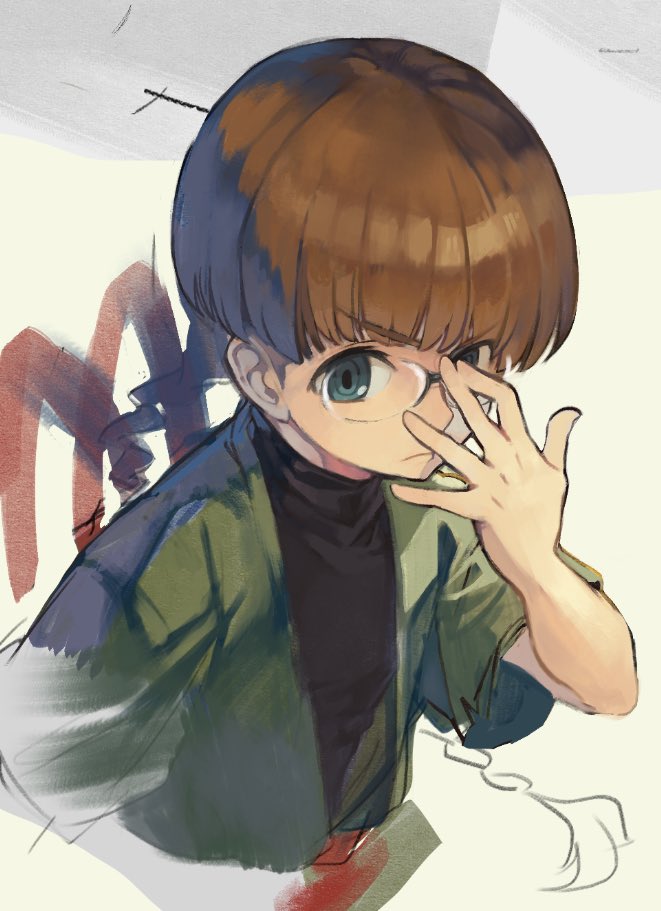 1boy, adjusting_eyewear, bowl_cut, brown_hair, cropped_torso, frown, goeppe, monk