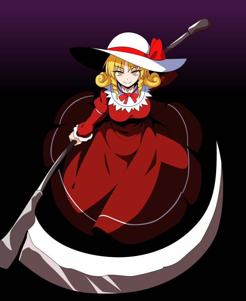 1girl, absurdres, black_background, blonde_hair, bow, breasts, closed_mouth, collared_dress