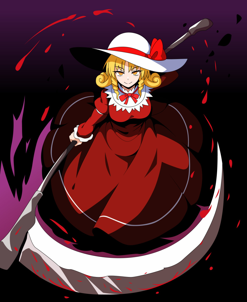 1girl, absurdres, aura, black_background, blonde_hair, bow, breasts, collared_dress