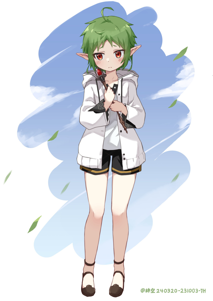 1girl, absurdres, ahoge, eleven-sora, elf, full_body, green_hair, hashtag_only_commentary