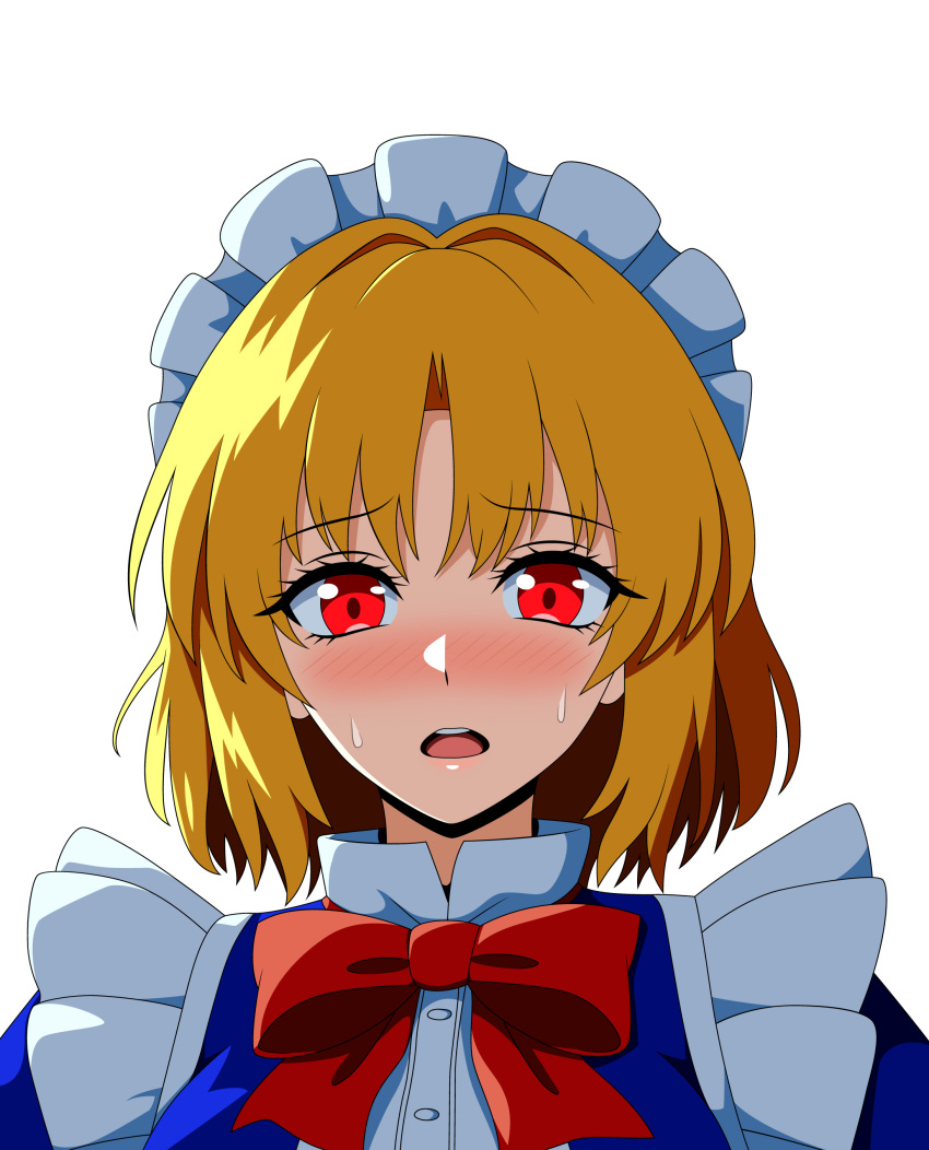 1girl, absurdres, blonde_hair, blue_dress, blush, bow, bowtie, collared_dress