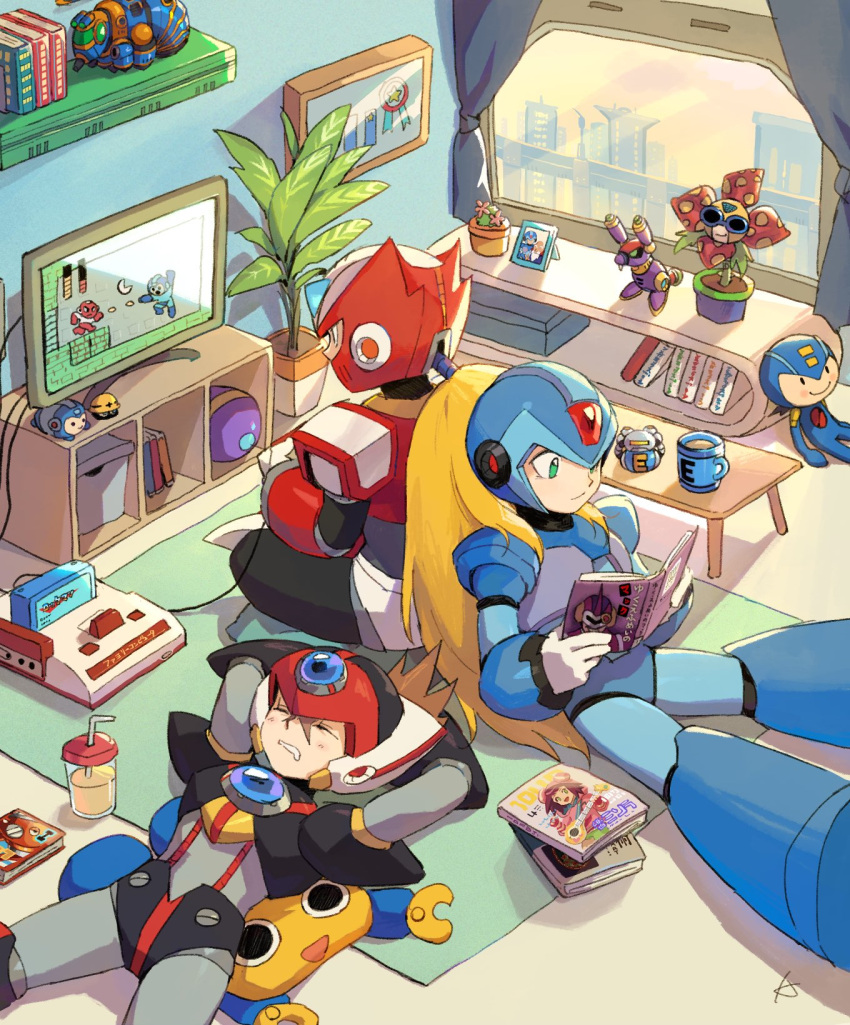 3boys, armor, axl_(mega_man), black_armor, black_helmet, blonde_hair, blue_armor, blue_helmet
