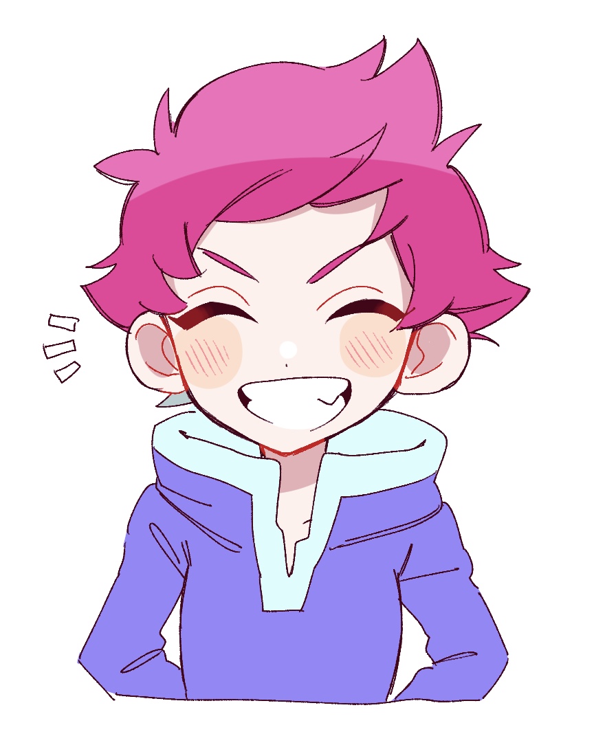 1girl, blue_hood, blush, blush_stickers, closed_mouth, cyappy1022, grin, happy