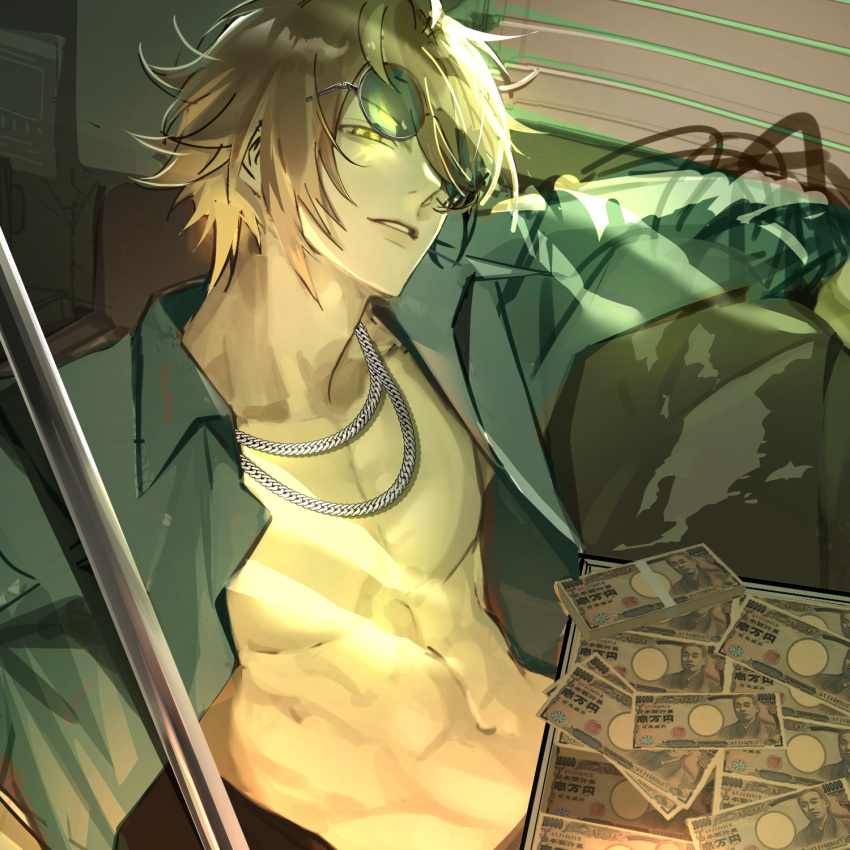 1boy, abs, arm_rest, banknote, brown_hair, chain_necklace, collared_shirt, couch