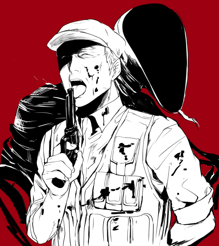 1boy, ajin_(sakurai_gamon), blood, blood_on_clothes, blood_on_face, closed_eyes, combat_shirt, finger_on_trigger