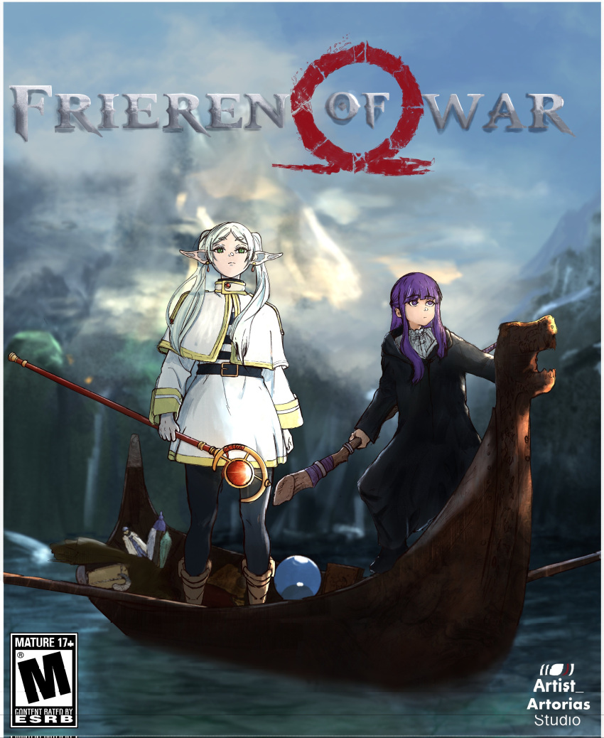 2girls, absurdres, artist_artorias, boat, border, capelet, closed_mouth, copyright_name, cover, day, dress, earrings, elf, english_text, fake_cover, fern_(sousou_no_frieren), frieren, god_of_war_ragnarok, green_eyes, highres, jewelry, long_hair, long_sleeves, looking_at_viewer, multiple_girls, outdoors, parody, parted_bangs, pointy_ears, purple_hair, river, sousou_no_frieren, standing, twintails, video_game_cover, watercraft, white_border, white_capelet