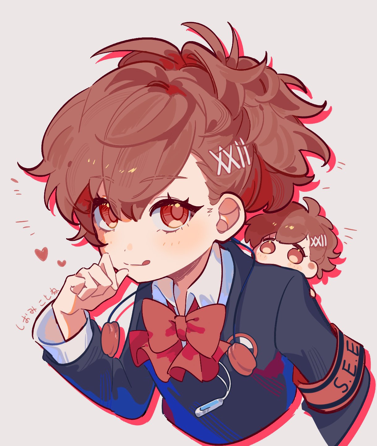 armband, black_jacket, bow, bowtie, brown_hair, collared_shirt, cropped_torso, digital_media_player