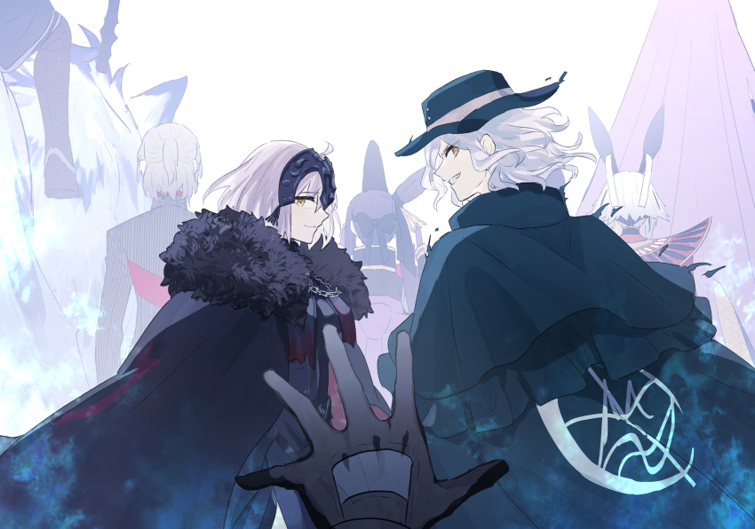 3boys, 4girls, ahoge, animal_ears, antonio_salieri_(fate), antonio_salieri_(second_ascension)_(fate), black_cloak, black_gloves, black_hair, cloak, edmond_dantes_(fate), fate/grand_order, fate_(series), fedora, fur-trimmed_cloak, fur_trim, gloves, gorgon_(fate), grey_hair, hat, hessian_(fate), highres, jeanne_d'arc_alter_(avenger)_(fate), jeanne_d'arc_alter_(fate), lobo_(fate), long_hair, medusa_(fate), multiple_boys, multiple_girls, ninjin_(ne_f_g_o), nitocris_(fate), nitocris_alter_(fate), nitocris_alter_(second_ascension)_(fate), pov, pov_hands, purple_hair, reaching, riding, riding_animal, smile, striped_suit, suit, taira_no_kagekiyo_(fate), ushiwakamaru_(fate), very_long_hair, walking_away, white_background, wolf