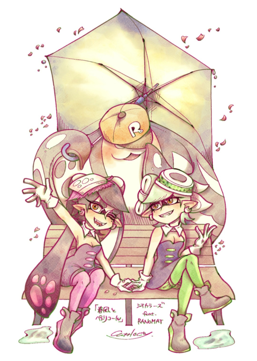 1boy, 2girls, bench, big_man_(splatoon), callie_(splatoon), cuttlocty, fangs, holding_umbrella, marie_(splatoon), petals, sitting, splatoon_(series), white_background, white_gloves, wink