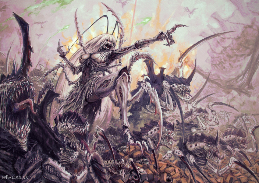 1girl, antennae, arthropod_girl, arthropod_limbs, artist_name, baloolax, black_sclera, blurry