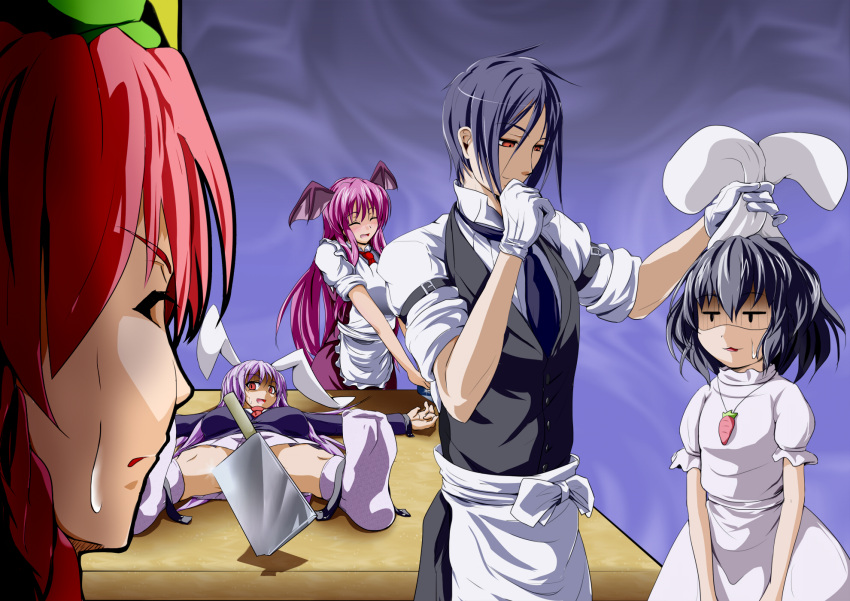 bunny_ears, butler, censored, convenient_censoring, crossover, highres, hong_meiling, inaba_tewi, knife, koakuma, kuroshitsuji, mun, necktie, pleated_skirt, purple_hair, reisen_udongein_inaba, sebastian_michaelis, skirt, touhou