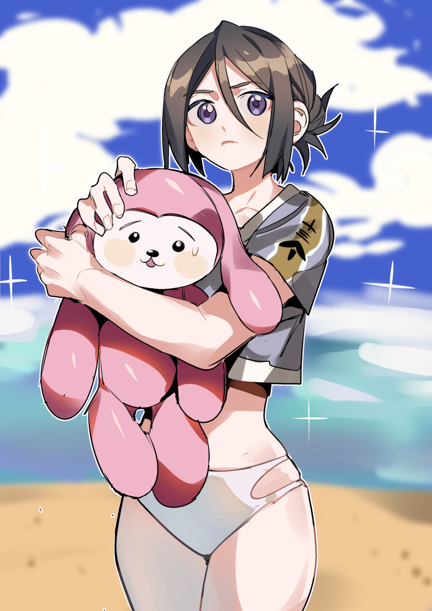 1girl, absurdres, beach, bikini, black_hair, bleach, blue_sky, chappy, clouds, collarbone, cowboy_shot, hair_between_eyes, hair_bun, highres, holding, holding_stuffed_toy, kuchiki_rukia, looking_at_viewer, midriff, ocean, sky, sparkle, stomach, stuffed_animal, stuffed_rabbit, stuffed_toy, sweatdrop, swimsuit, violet_eyes, white_bikini, xi_luo_an_ya