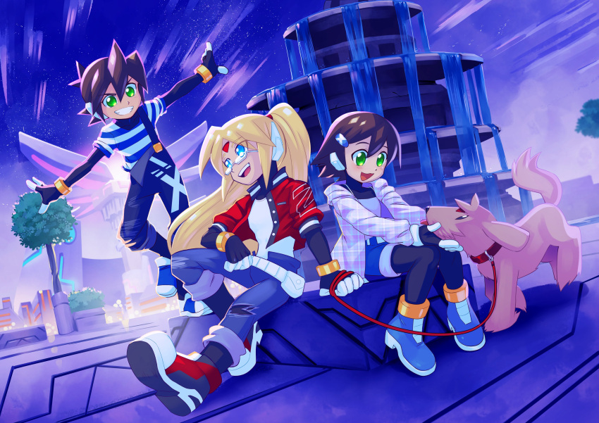 1girl, 2boys, absurdres, aile_(mega_man_zx), alternate_costume, alternate_hairstyle, android, animal_collar