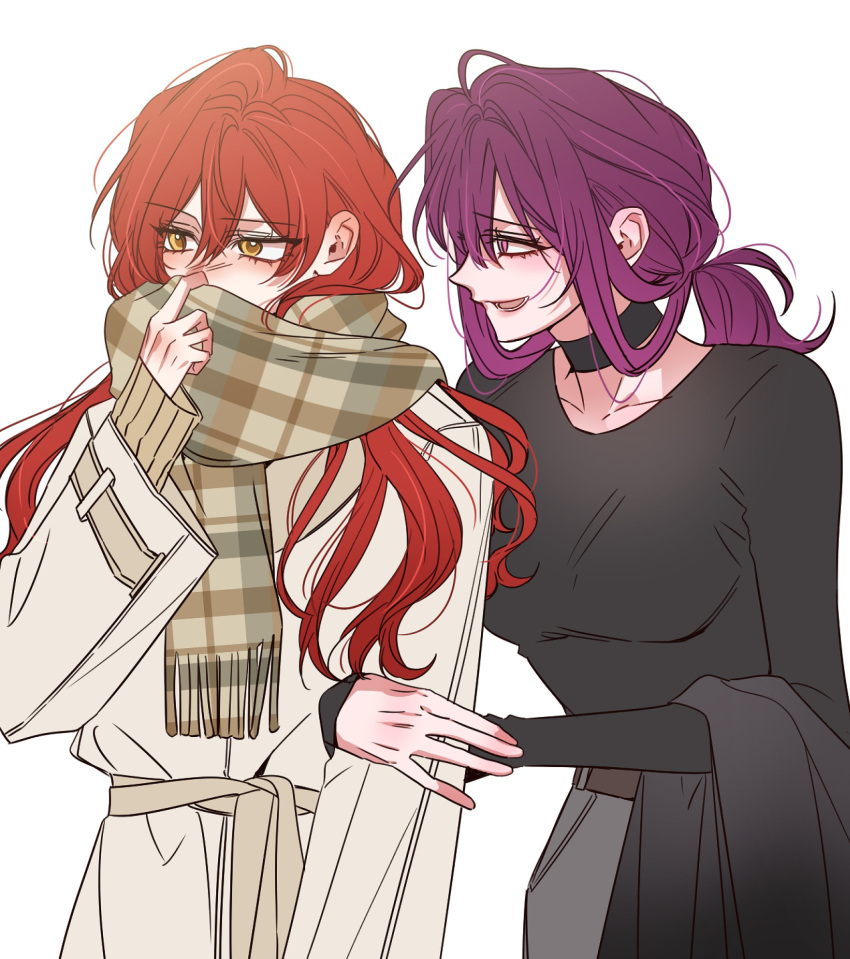 2girls, absurdres, black_choker, black_shirt, breasts, brown_scarf, choker, coat, collarbone, hair_between_eyes, half_updo, highres, himeko_(honkai:_star_rail), honkai:_star_rail, honkai_(series), kafka_(honkai:_star_rail), locked_arms, long_hair, long_sleeves, looking_at_another, low_ponytail, lower_teeth_only, medium_breasts, multiple_girls, omegiricecake, open_mouth, purple_hair, redhead, scarf, shirt, sidelocks, teeth, unmoving_pattern, upper_body, violet_eyes, white_background, white_coat, yellow_eyes, yuri