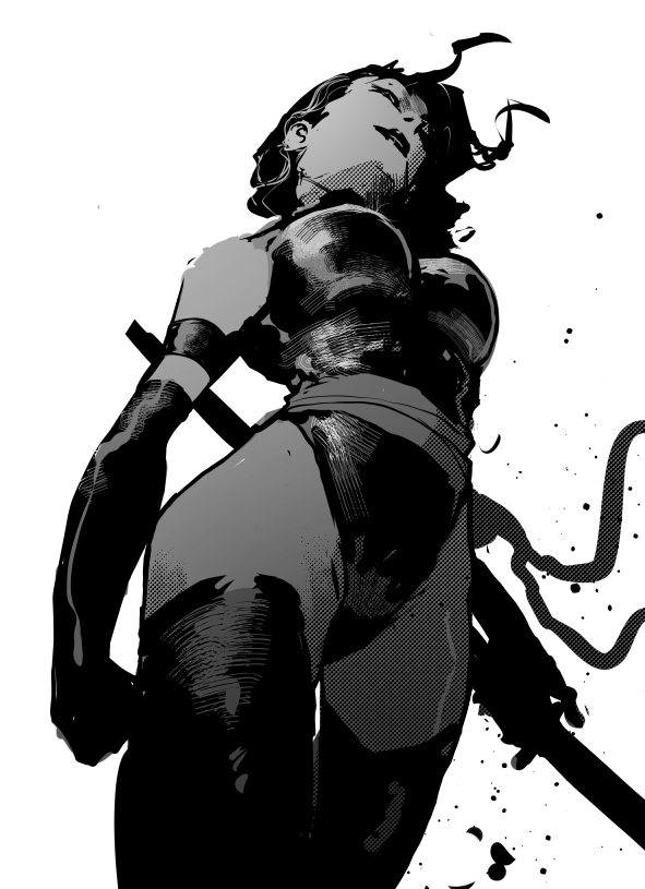 1girl, bridal_gauntlets, highleg, highleg_leotard, impossible_clothes, impossible_leotard, katana, kjlbs, leotard, marvel, monochrome, psylocke, smile, superhero_costume, sword, thigh-highs, weapon, x-men