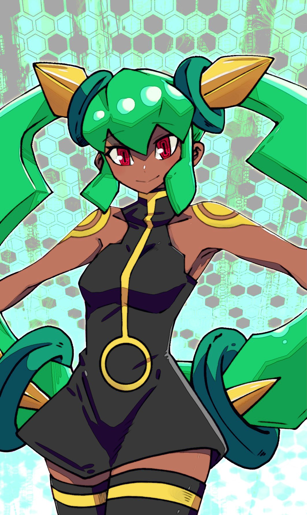 1girl, bare_shoulders, batchgooya, breasts, closed_mouth, dark-skinned_female, dark_skin, green_hair