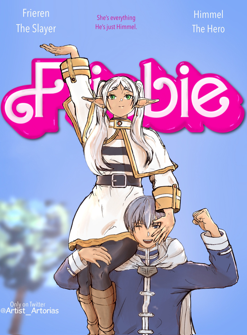 1boy, 1girl, :d, absurdres, arm_up, artist_artorias, artist_name, barbie_(franchise), barbie_(live_action), black_pantyhose, black_shirt, blue_background, blurry, blurry_background, brown_footwear, capelet, clenched_hand, commentary, earrings, english_commentary, english_text, frieren, green_eyes, grey_hair, hands_up, highres, himmel_(sousou_no_frieren), jewelry, long_sleeves, outdoors, pantyhose, parody, pointy_ears, shirt, short_hair, sitting_on_shoulder, skirt, smile, sousou_no_frieren, striped_clothes, striped_shirt, teeth, tree, twintails, upper_teeth_only, white_capelet, white_shirt, white_skirt