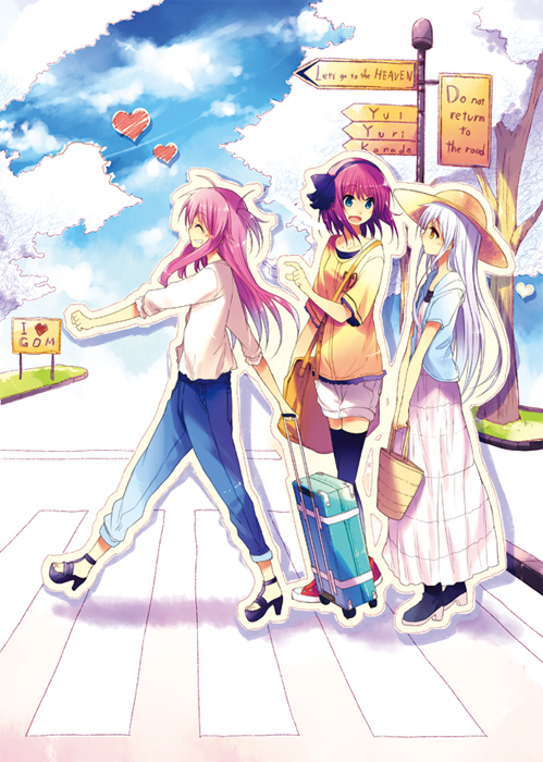3girls, angel_beats!, bag, casual, crosswalk, cutout, dress, engrish