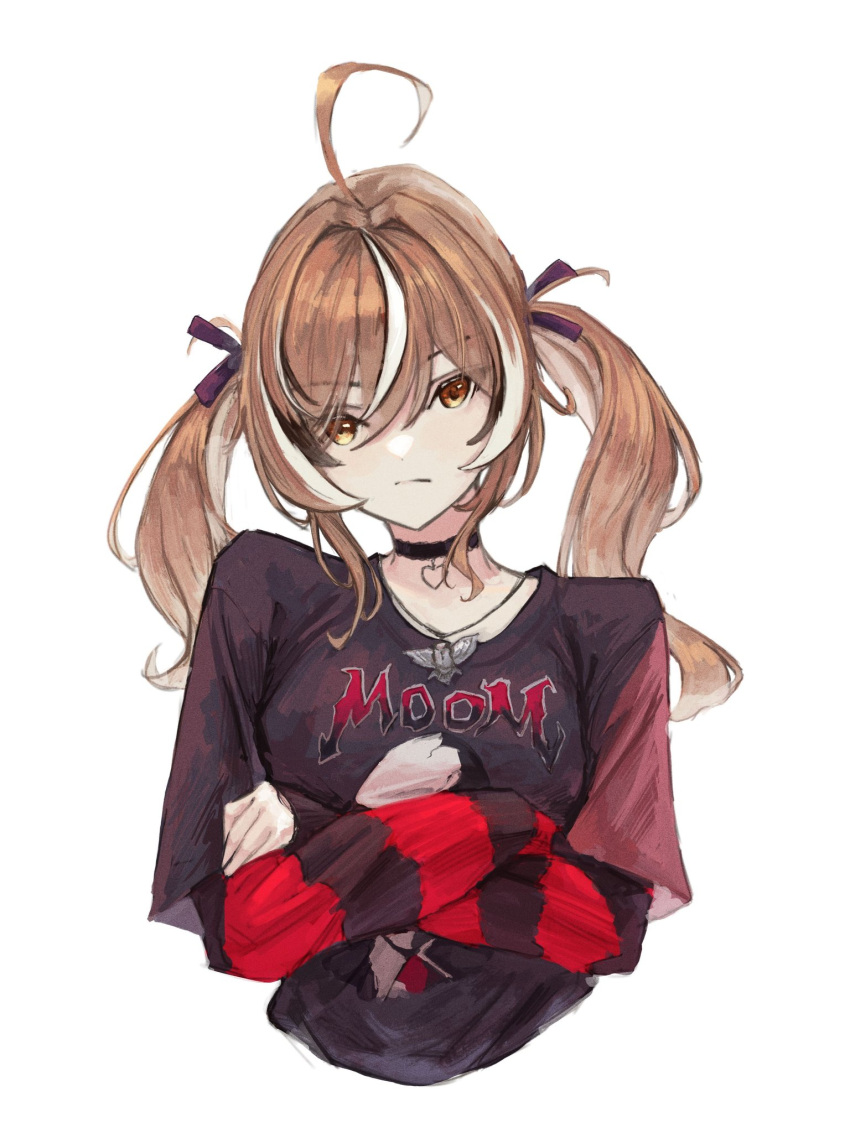 1girl, ahoge, black_ribbon, black_shirt, black_sweater, brown_eyes, brown_hair, choker, commentary, crossed_arms, emo_fashion, frown, hair_over_one_eye, hair_ribbon, heart, heart_choker, highres, hololive, hololive_english, huge_ahoge, jewelry, lace-trimmed_choker, lace_trim, layered_sleeves, long_sleeves, looking_at_viewer, multicolored_hair, nanashi_mumei, nanashi_mumei_(emo), necklace, nightmare_(nanashi_mumei), red_sweater, ribbon, shirt, short_over_long_sleeves, short_sleeves, streaked_hair, sweater, sweater_under_shirt, symbol-only_commentary, t-shirt, tablicoart, twintails, two-tone_sweater, virtual_youtuber