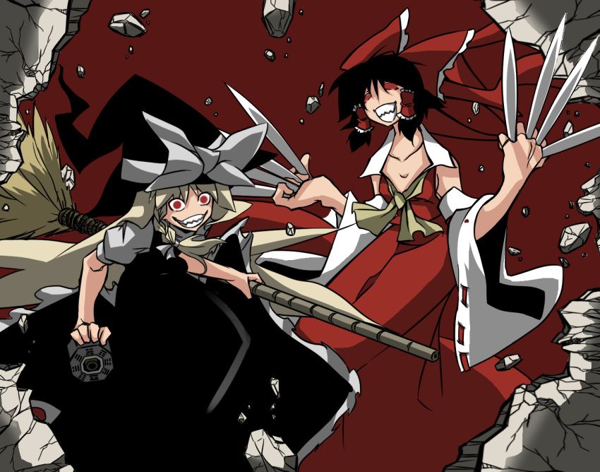 black_hair, blonde_hair, bow, braid, broom, creepy, detached_sleeves, hair_bow, hakurei_reimu, hat, kirisame_marisa, long_hair, multiple_girls, no_nose, red_eyes, short_hair, tamuhi, touhou, witch_hat