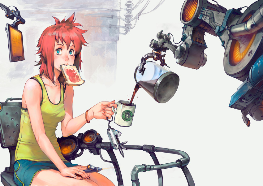 blue_eyes, bread, bread_in_mouth, chair, coffee, cup, eraser, food