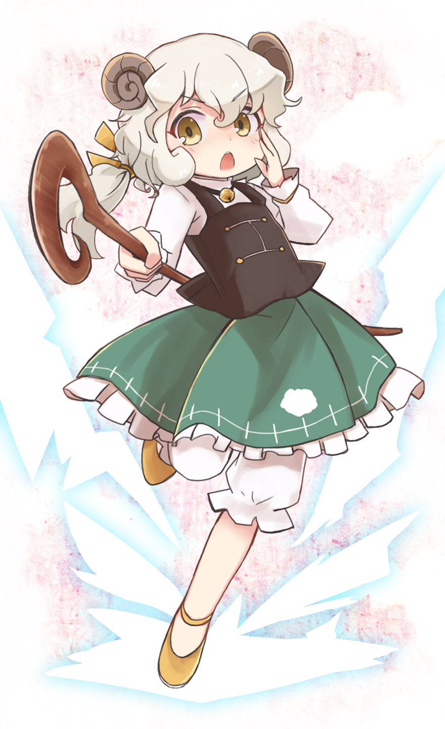 1girl, bell, commentary_request, curled_horns, fantasy_maiden_wars, frilled_skirt, frills, full_body