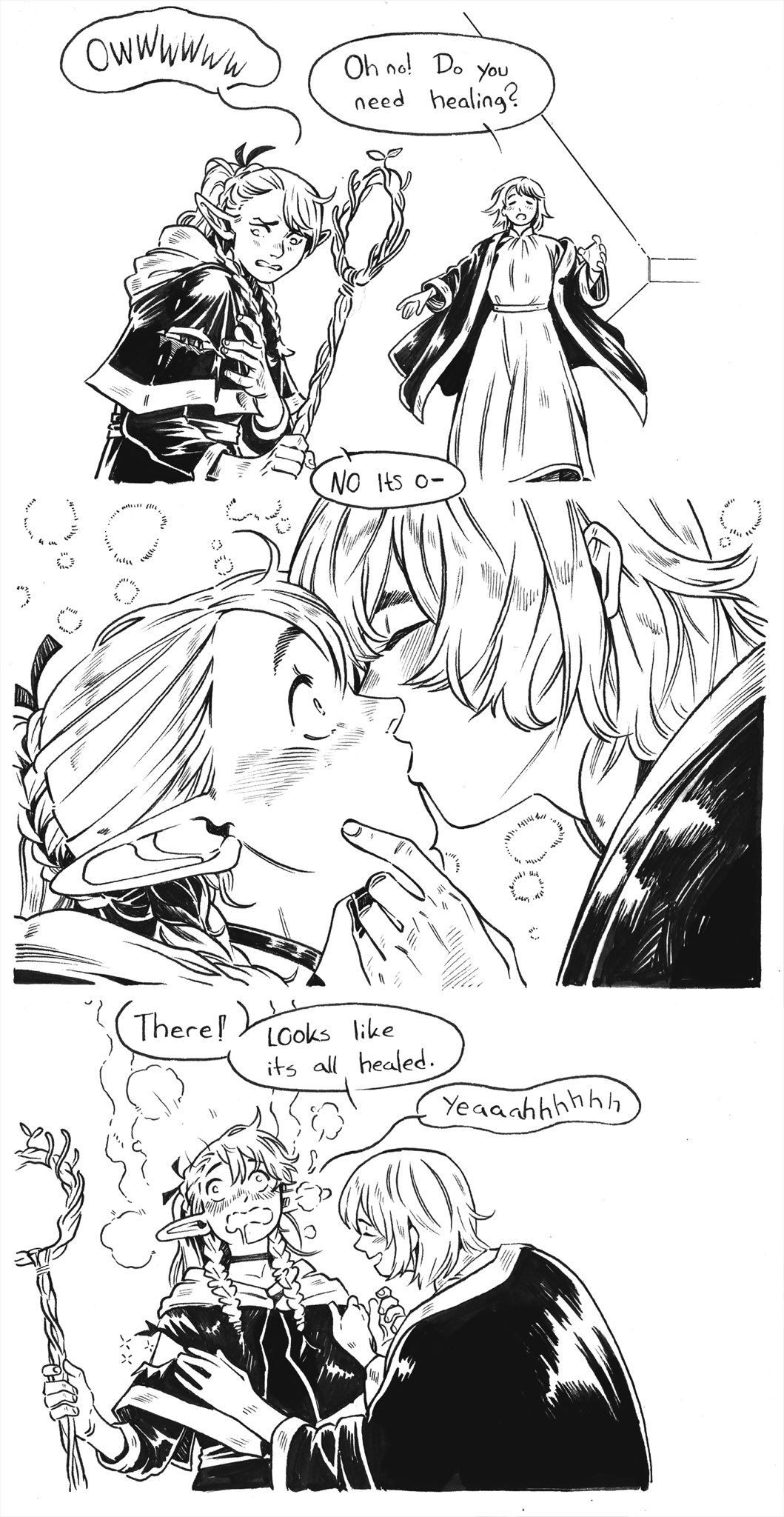 2girls, ambrosia_(dungeon_meshi), blush, braid, capelet, choker, closed_eyes, commentary