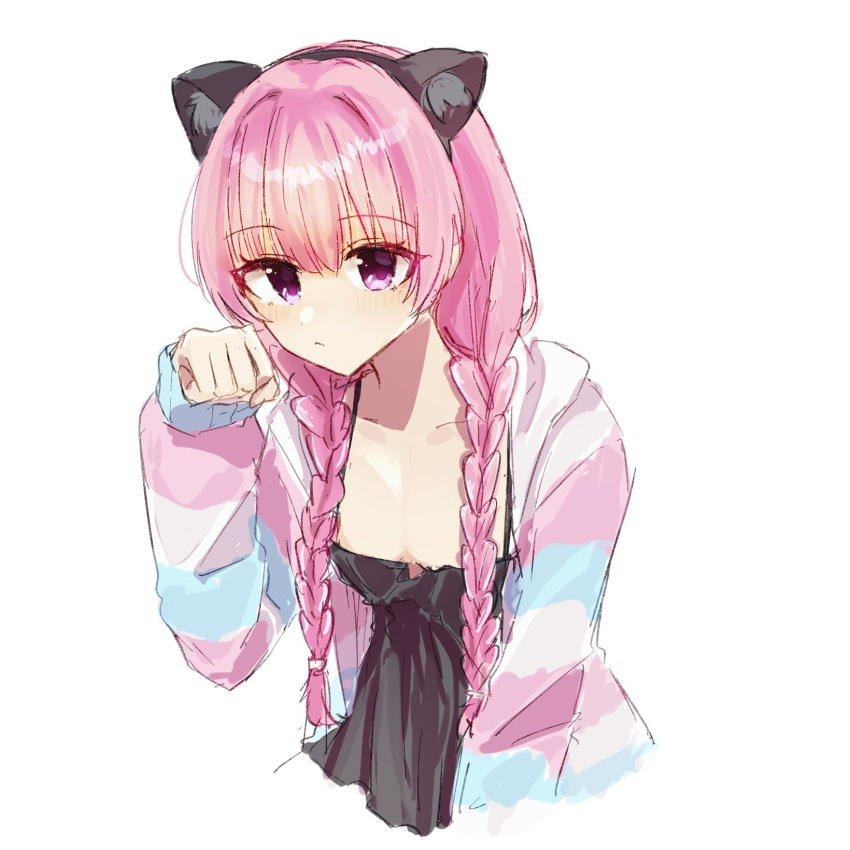 1girl, :<, animal_ears, black_camisole, blazer, blush, braid, breasts