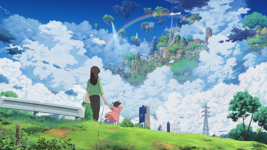 cityscape, cloud, clouds, floating_castle, floating_island, grass, isai_shizuka, power_lines