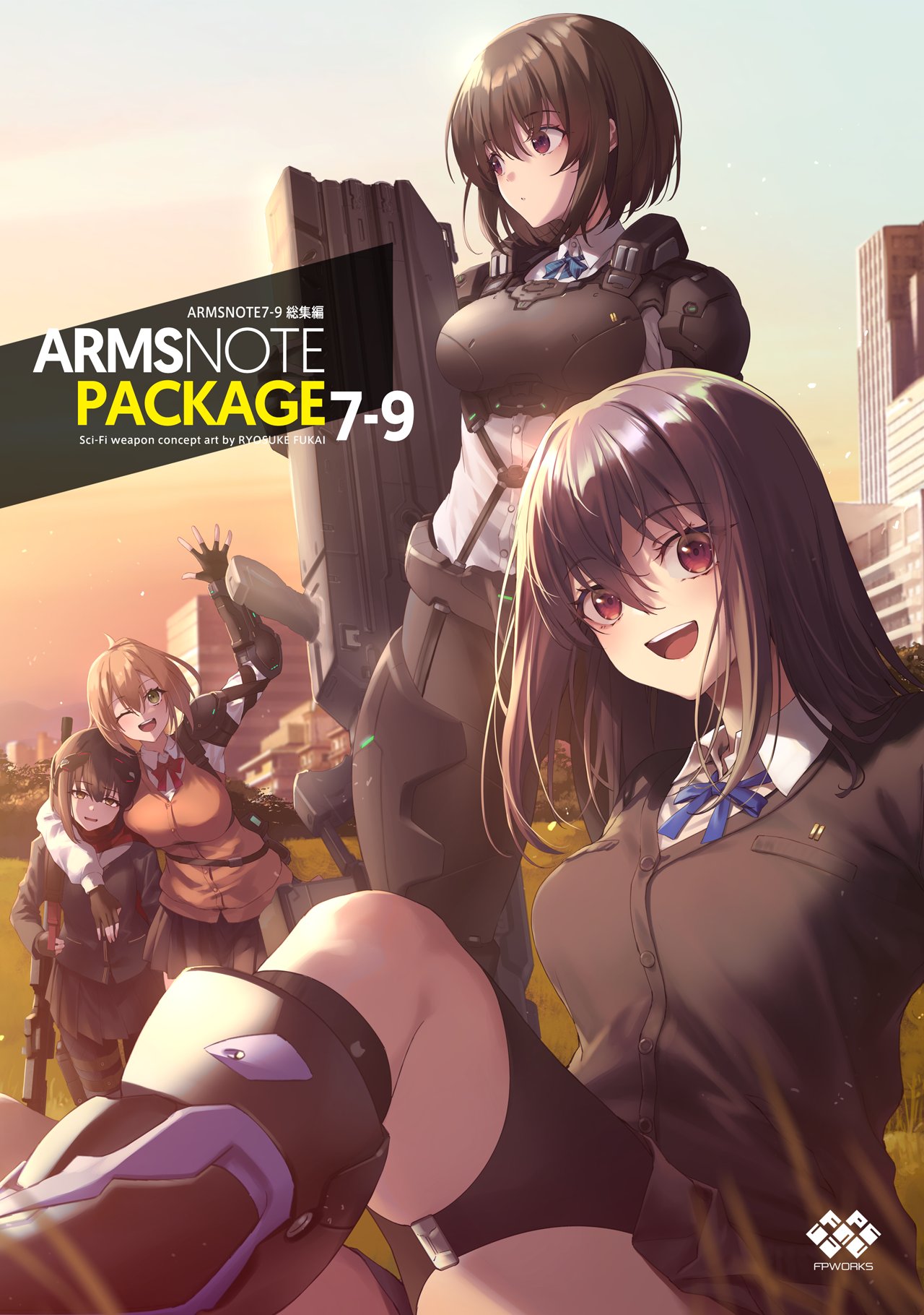 4girls, arm_around_neck, arms_note, artist_name, bionic_joshikousei_(fukai_ryousuke), black_hair, blue_ribbon, breast_press