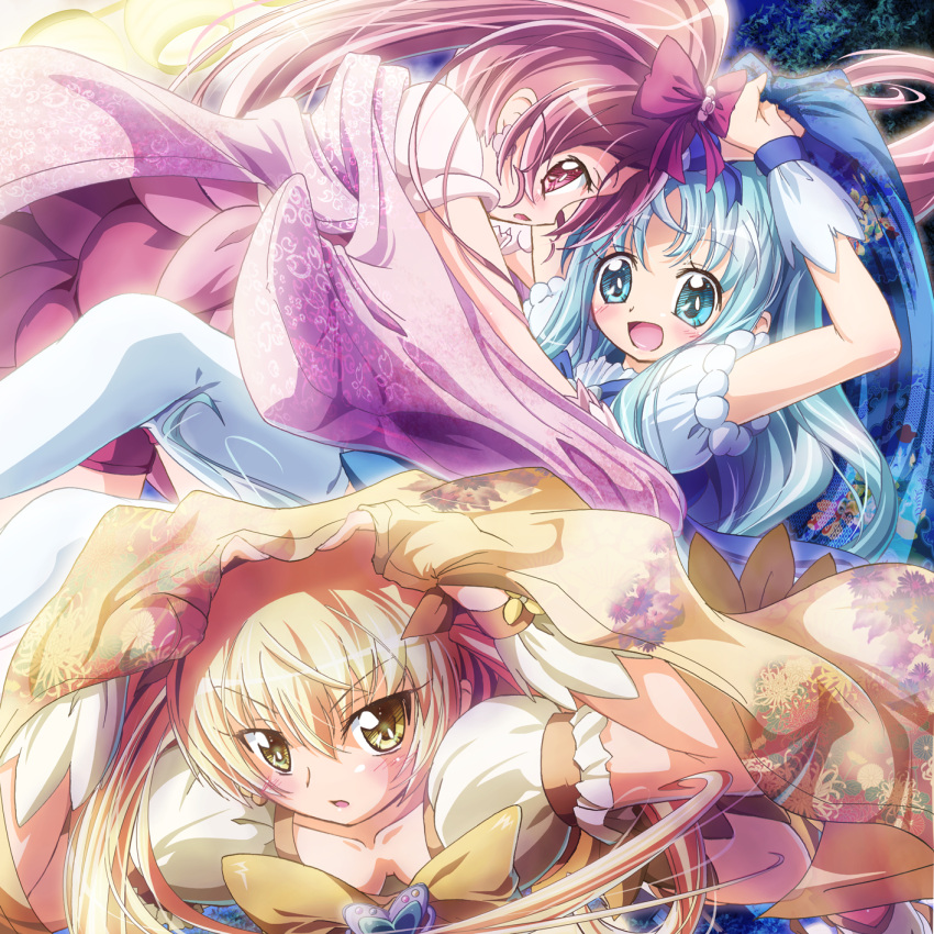 blonde_hair, blue_eyes, blue_hair, blush, cure_blossom, cure_marine, cure_sunshine, hanasaki_tsubomi