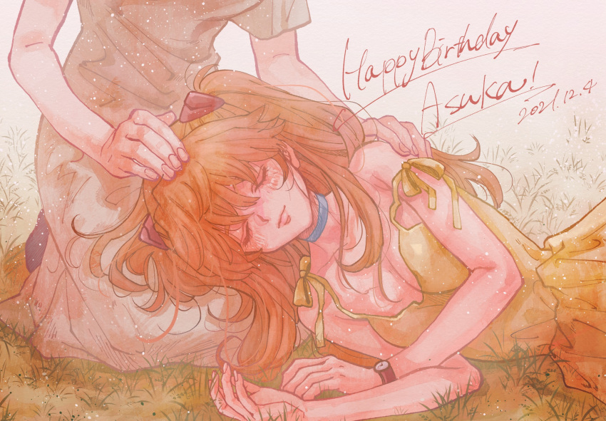 2girls, bare_shoulders, choker, closed_eyes, dated, dress, grass, grey_dress