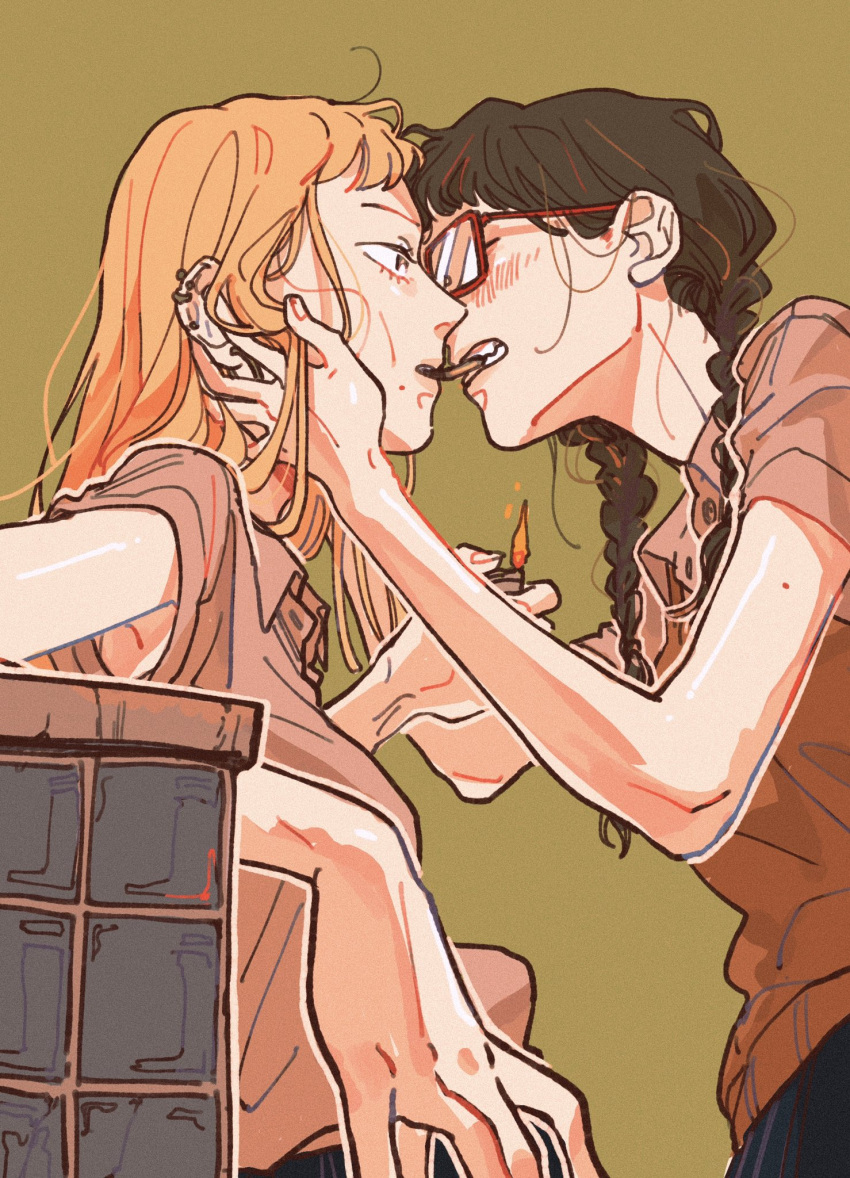 2girls, arai_sumiko, biting, blonde_hair, blush, braid, brown_hair, cigarette