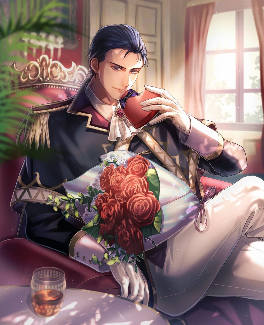 1boy, absurdres, bouquet, box, chair, commission, commissioner_upload, cup