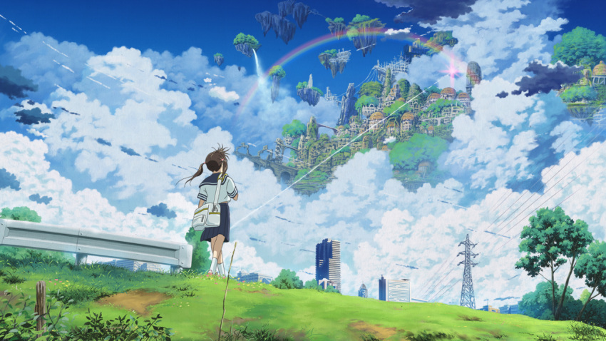 brown_hair, cityscape, cloud, clouds, condensation_trail, contrail, floating_castle, floating_island