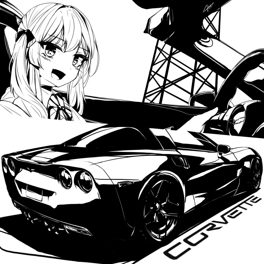 1girl, car, chevrolet, chevrolet_corvette, chevrolet_corvette_c6, collared_shirt, fang, greyscale