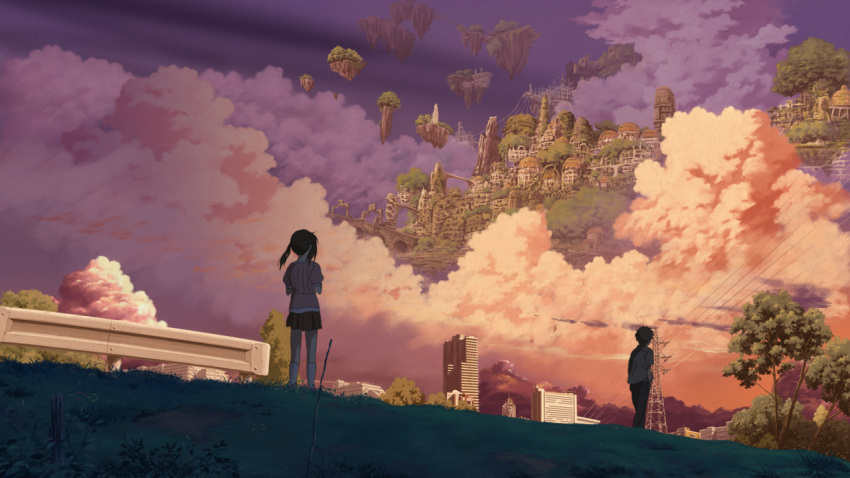 1girl, cityscape, cloud, clouds, couple, evening, floating_castle, floating_island