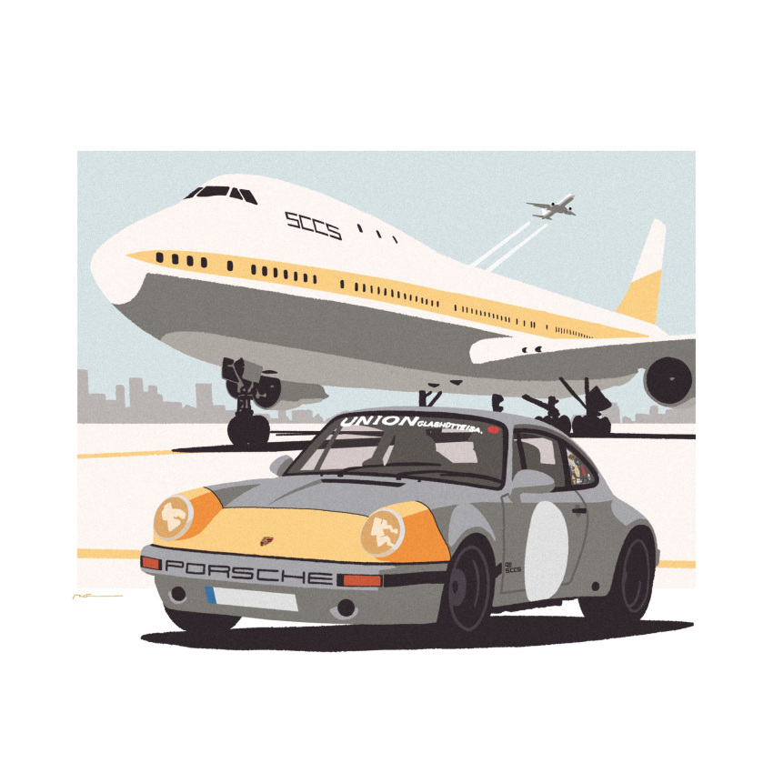 aircraft, airplane, car, flying, highres, motor_vehicle, no_humans, original, porsche_911, porsche_930, shadow, sky, skyline, sports_car, vehicle_focus, wang-tang_(_lose_control)