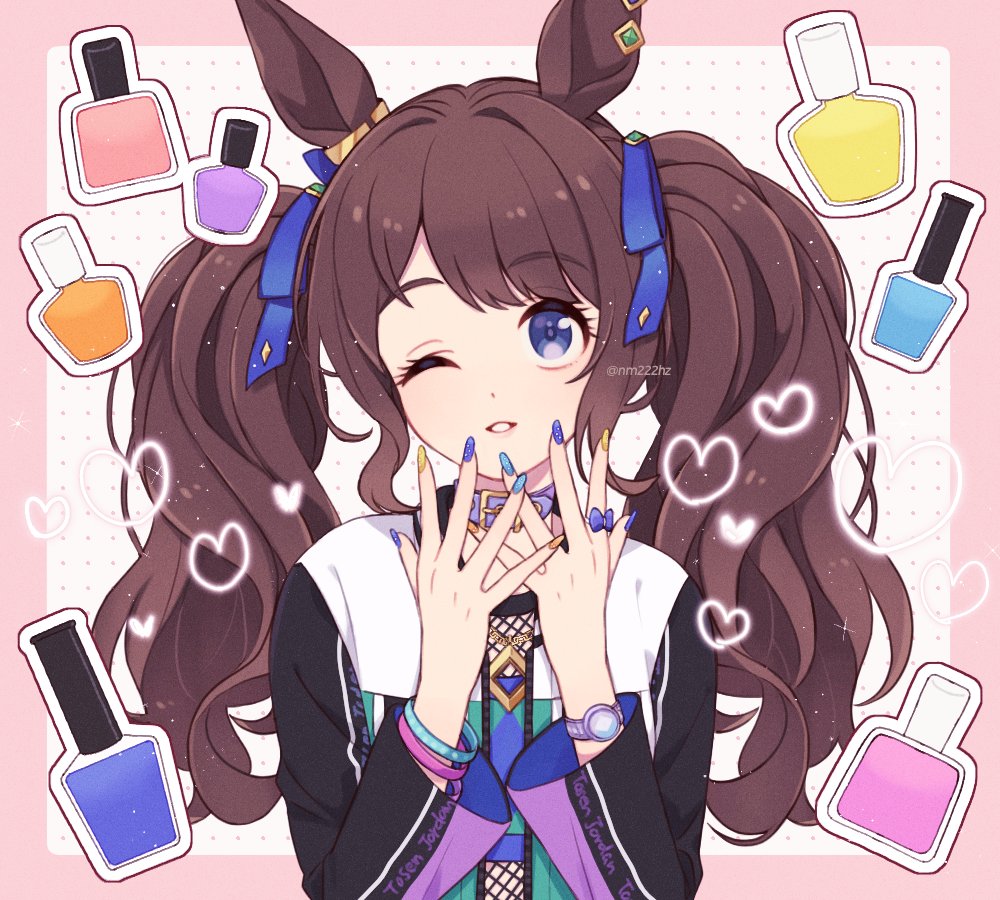 1girl, animal_ears, blue_eyes, brown_hair, collar, fishnet_top, fishnets, hands_up