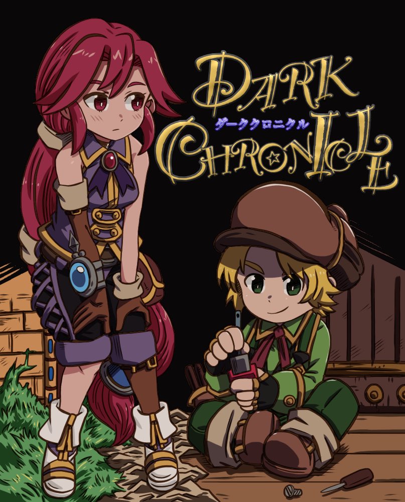 1boy, 1girl, batchgooya, blonde_hair, breasts, closed_mouth, dark_chronicle, elbow_gloves