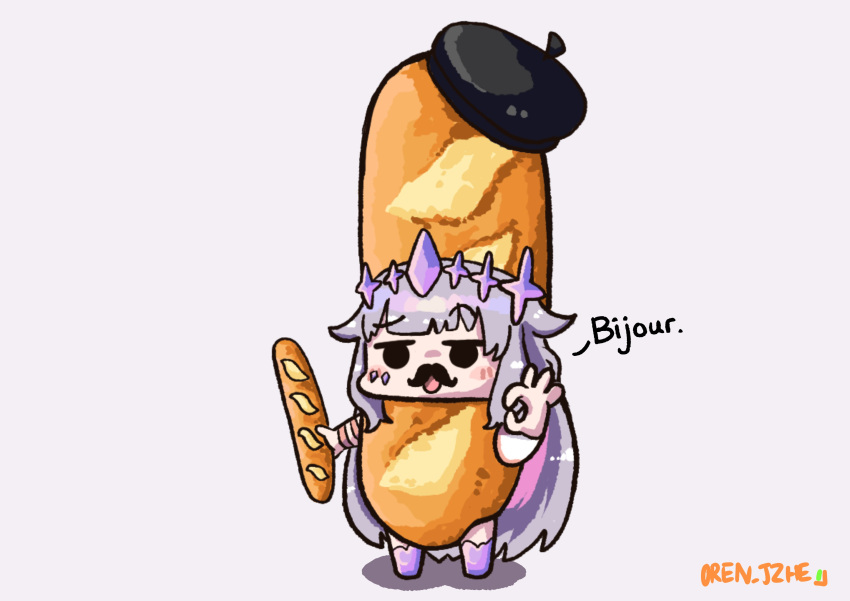 1girl, absurdres, baguette, beret, black_beret, bread, chibi, circlet, english_text, face_jewel, facial_hair, food, food_costume, gem_hair_ornament, hat, highres, holoadvent, hololive, hololive_english, jewel_under_eye, koseki_bijou, long_hair, multicolored_gemstone, mustache, ok_sign, orangejuicezhe, pun, purple_hair, simple_background, very_long_hair