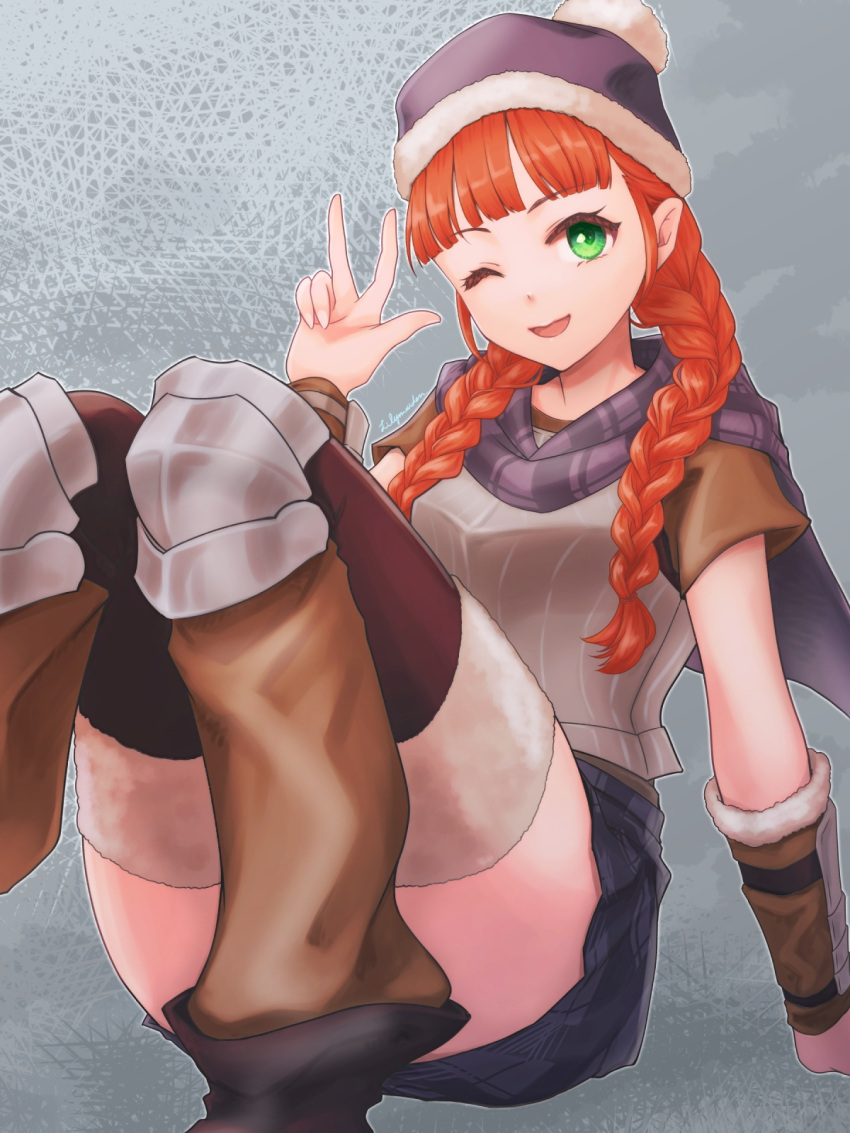 1girl, ;d, armor, black_skirt, black_thighhighs, blunt_bangs, bobblehat, braid