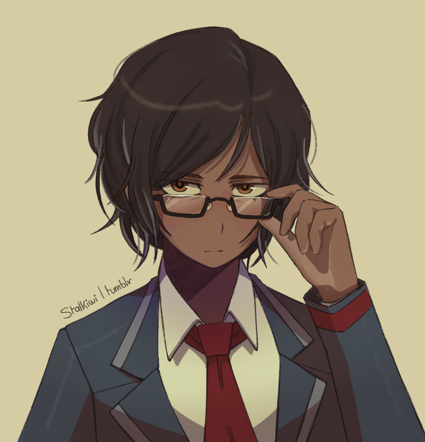 1girl, adjusting_eyewear, black_jacket, brown_background, brown_eyes, brown_hair, closed_mouth, collared_shirt