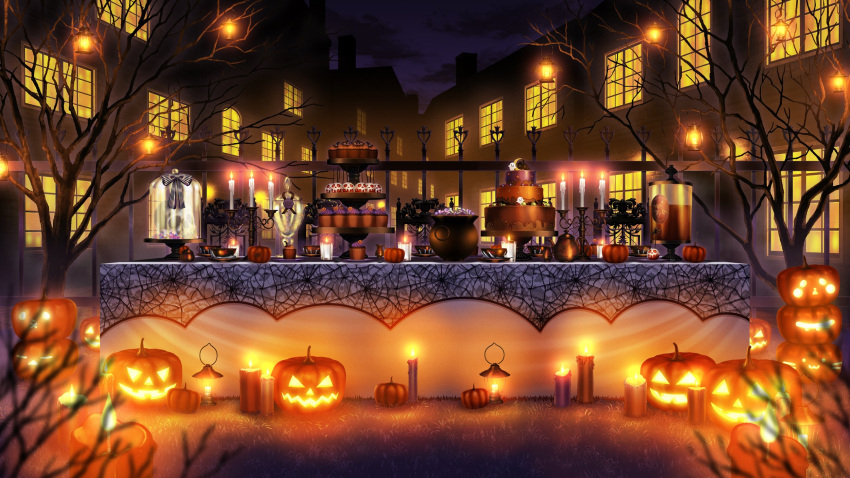 apple, azuma_hatori, bare_tree, bell_jar, building, cake, cake_stand, candelabra