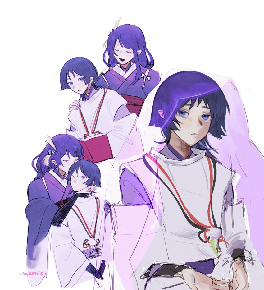 1boy, 1girl, artist_name, blue_eyes, blue_hair, blunt_bangs, book, braid, closed_eyes, closed_mouth, from_behind, genshin_impact, hair_between_eyes, hair_ornament, hand_on_another's_cheek, hand_on_another's_face, hand_on_another's_shoulder, highres, holding, holding_book, japanese_clothes, kiss, kissing_forehead, mole, mole_under_eye, mother_and_son, open_book, open_mouth, purple_hair, raiden_shogun, ruumoonie, scaramouche_(genshin_impact), scaramouche_(kabukimono)_(genshin_impact), short_hair, simple_background, single_braid, sitting, standing, veil, violet_eyes, white_background