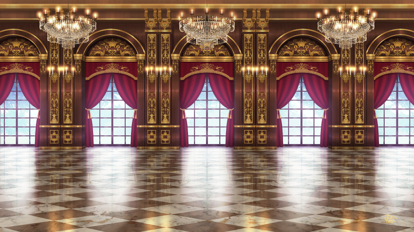 azuma_hatori, ballroom, candelabra, candle, candlestand, chandelier, checkered_floor, curtains